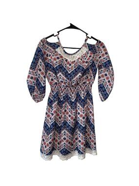 Zunie Floral Chevron Print Dress With Lace Trim Size 14